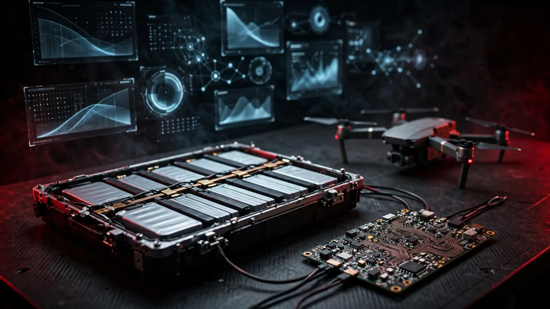 Battery industry news digest - battery pack, BMS board, and drone on an engineering workbench