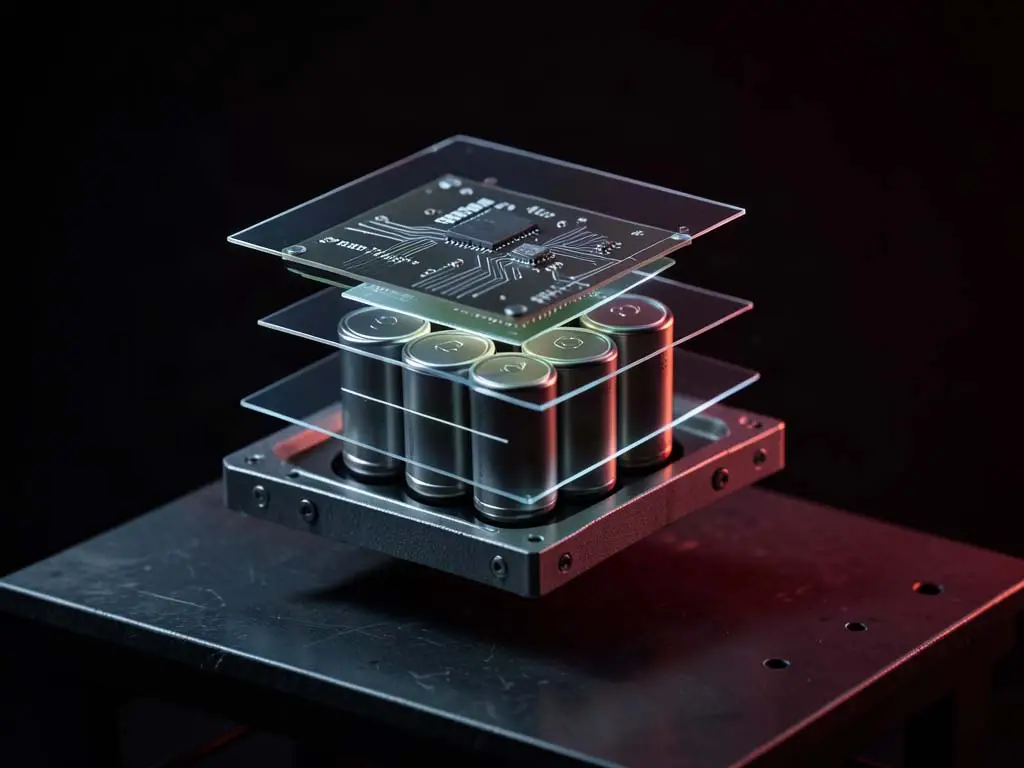 Exploded view of a Li-Ion battery pack showing layered safety systems - cells, BMS, fuses and enclosure